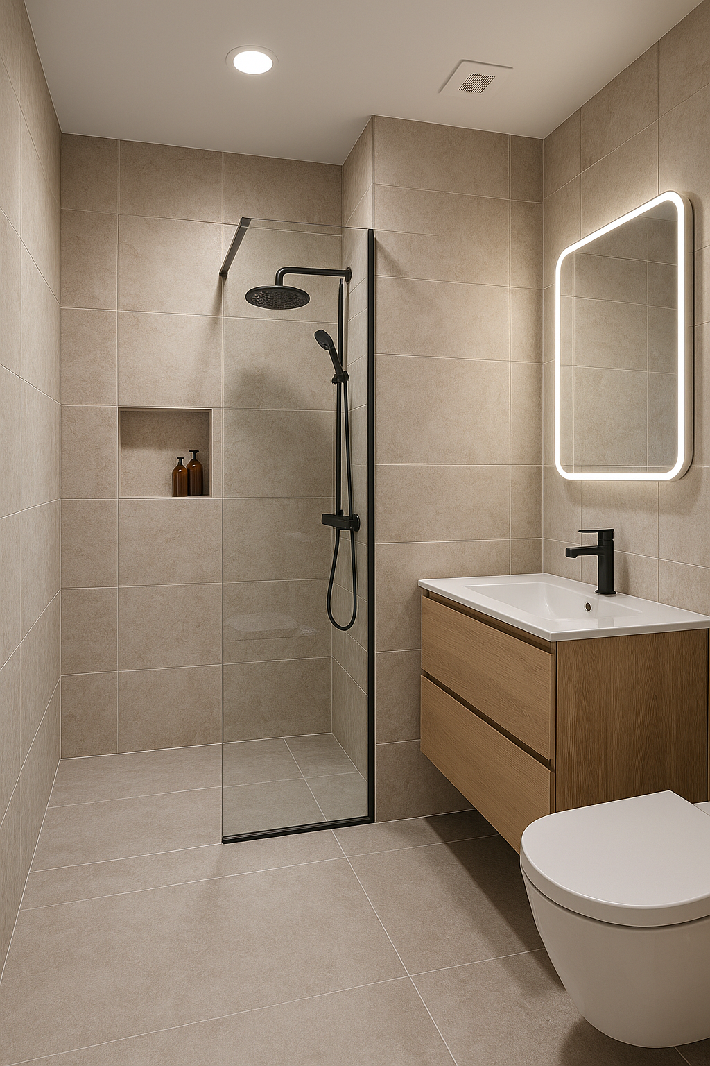 Rénovation complète de salle de bain – douche italienne, meuble vasque, carrelage grand format – G&M Bâtiment Paris