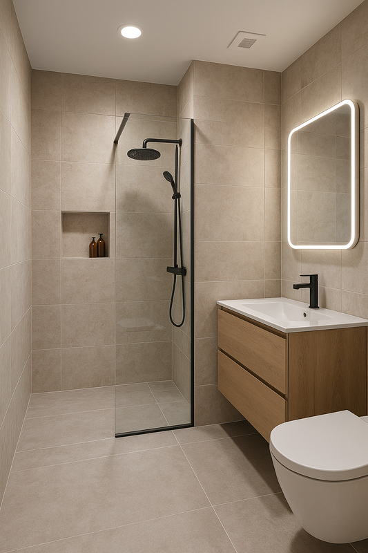 Rénovation complète de salle de bain – douche italienne, meuble vasque, carrelage grand format – G&M Bâtiment Paris